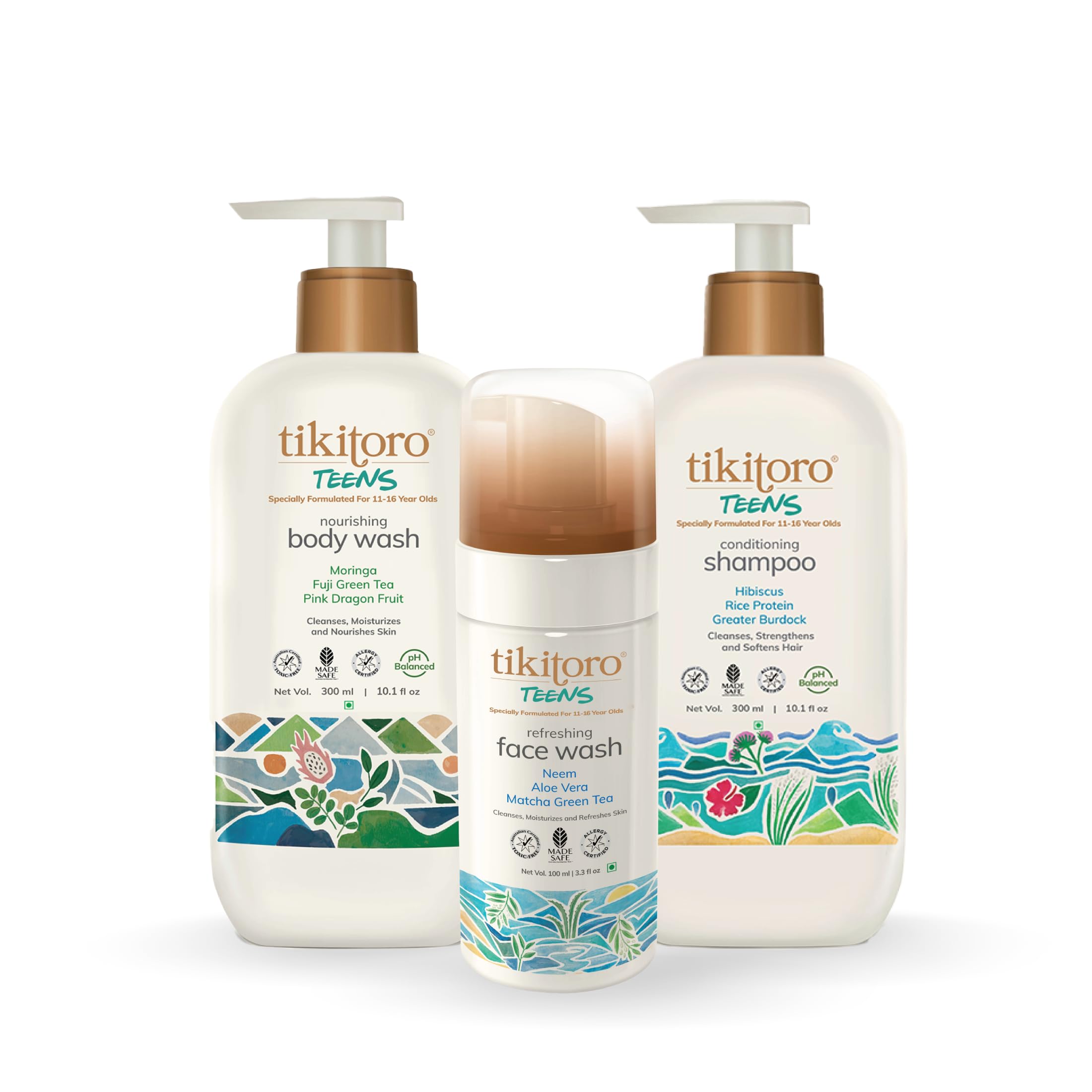 Tikitoro Teens Bath Essentials Combo Offer Pack - 300ml x 2 & 100ml x 1, Nourishing Body Wash, Conditioning Shampoo & Refreshing Face wash, 100% Vegan Natural Bath Sets For 11+-Year-Olds-picture-10