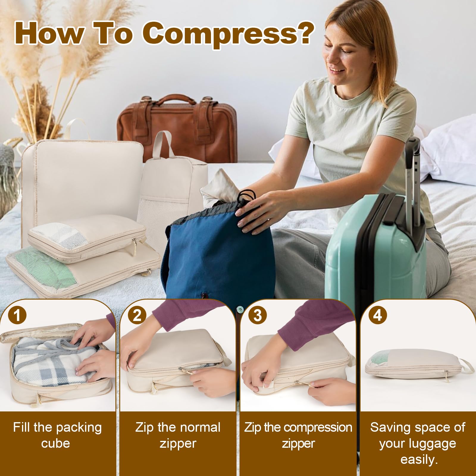 Kompressions-Verpackungswürfel für Koffer, Rucksack, erweiterbare Reisewürfel zum Verpacken mit Schuhtasche, wasserdicht, reißfest, Koffer-Organizer-Taschen für Handgepäck, Beige, 4er-Set