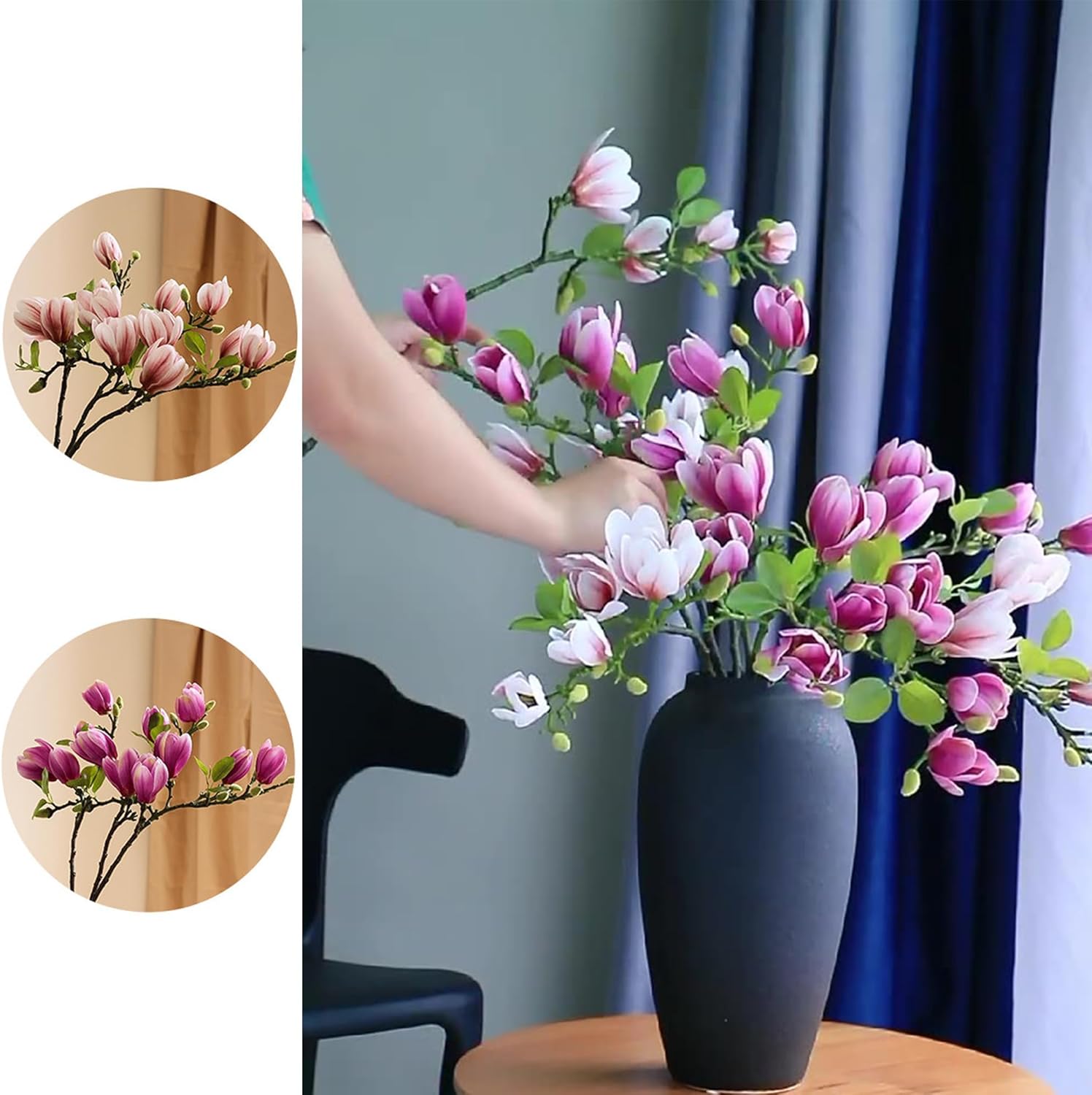 Elegant Artificial Magnolia Flower Stems(Not Included Vase), Half-Bloom Faux Magnolia Branches for Magnificent Home Decor (9, 3pink+3green+3purple)