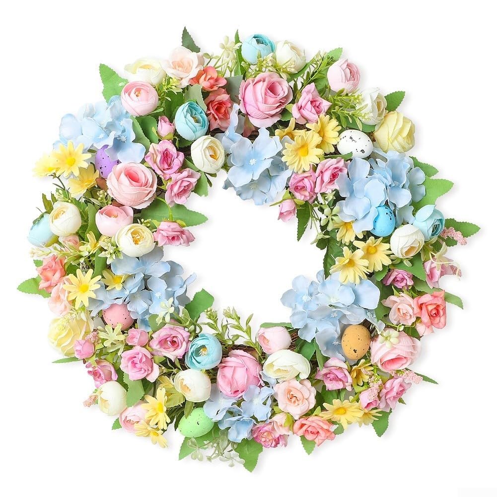 Corona floral de primavera de seda azul TDCuizent 45x45 cm para colgar