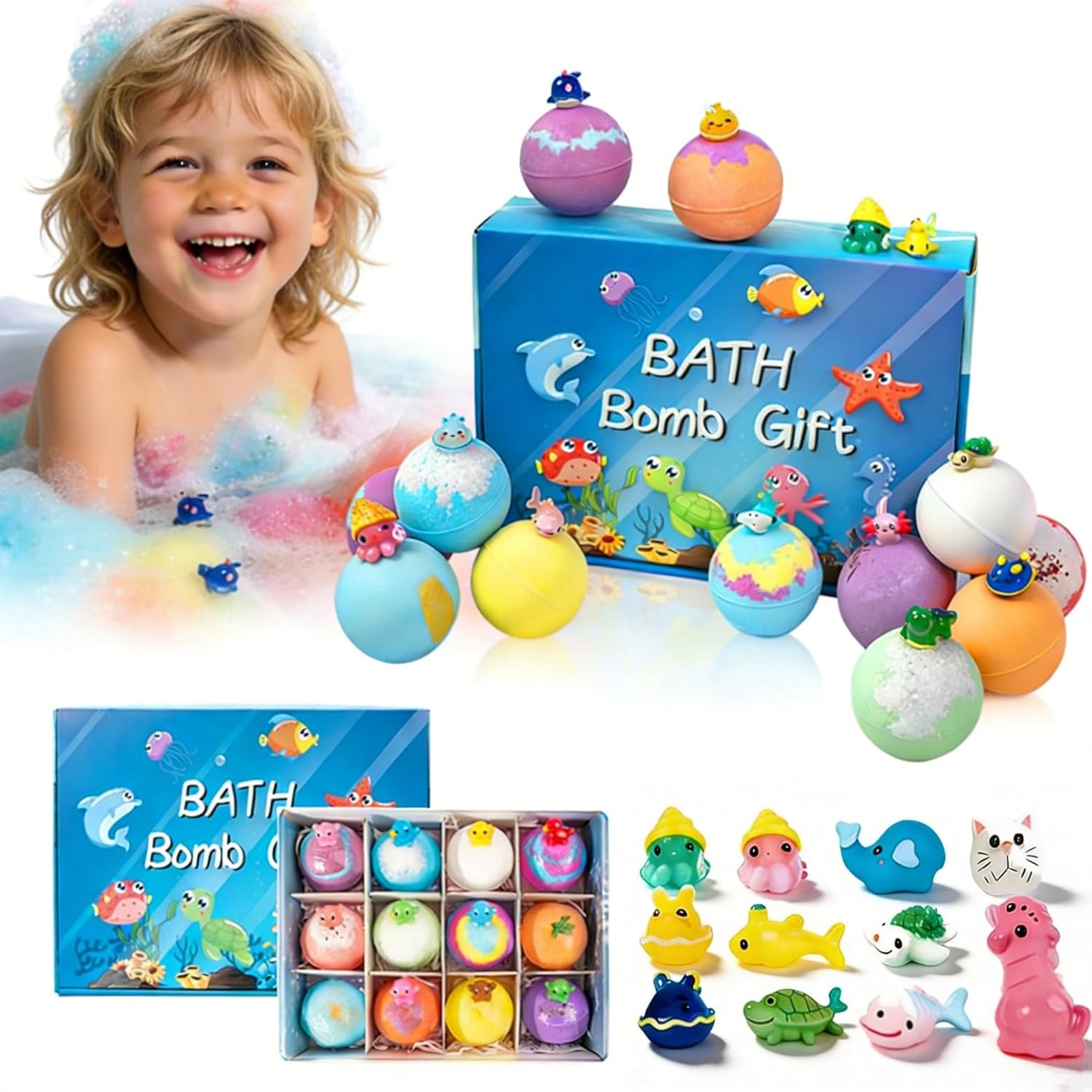 Natural Bath Bombs for Kids, Bath Bomb with Surprise Inside, 12-Pack Surprise Bath Bombs for Kids, Ocean Theme Bathes Fizzies Natural Sea Salt Color Changing Spa Bathing Balls (A2PC)