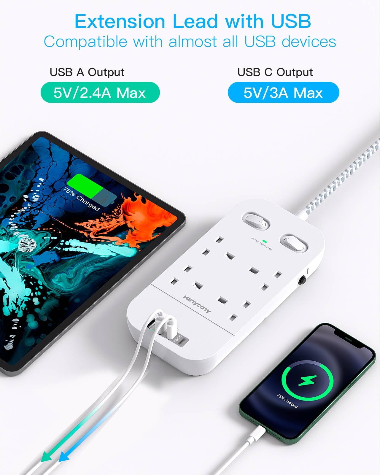 4 Way Surge Protected Extension Lead with USB Slots – Multi Plug Power Strip Extension Cable with Double Switches, Plug Extension Socket 1.8M Braided Extension Cord for Home Office Accessories — view 4