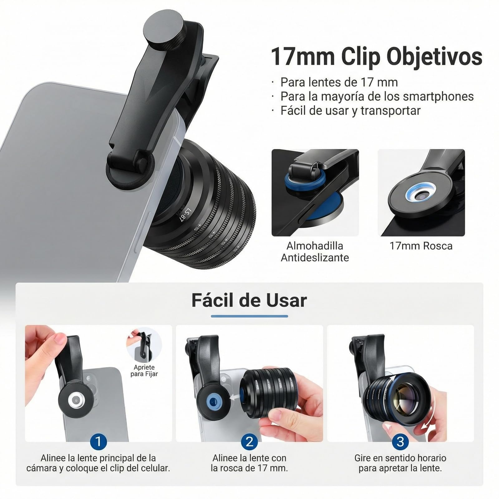 NEEWER Kit de Lentes Macro para teléfono, 4 Piezas apilables magnéticas, con Abrazadera roscada de 17 mm, Accesorios de fotografía compatibles con iPhone, Android, Samsung, LS-87