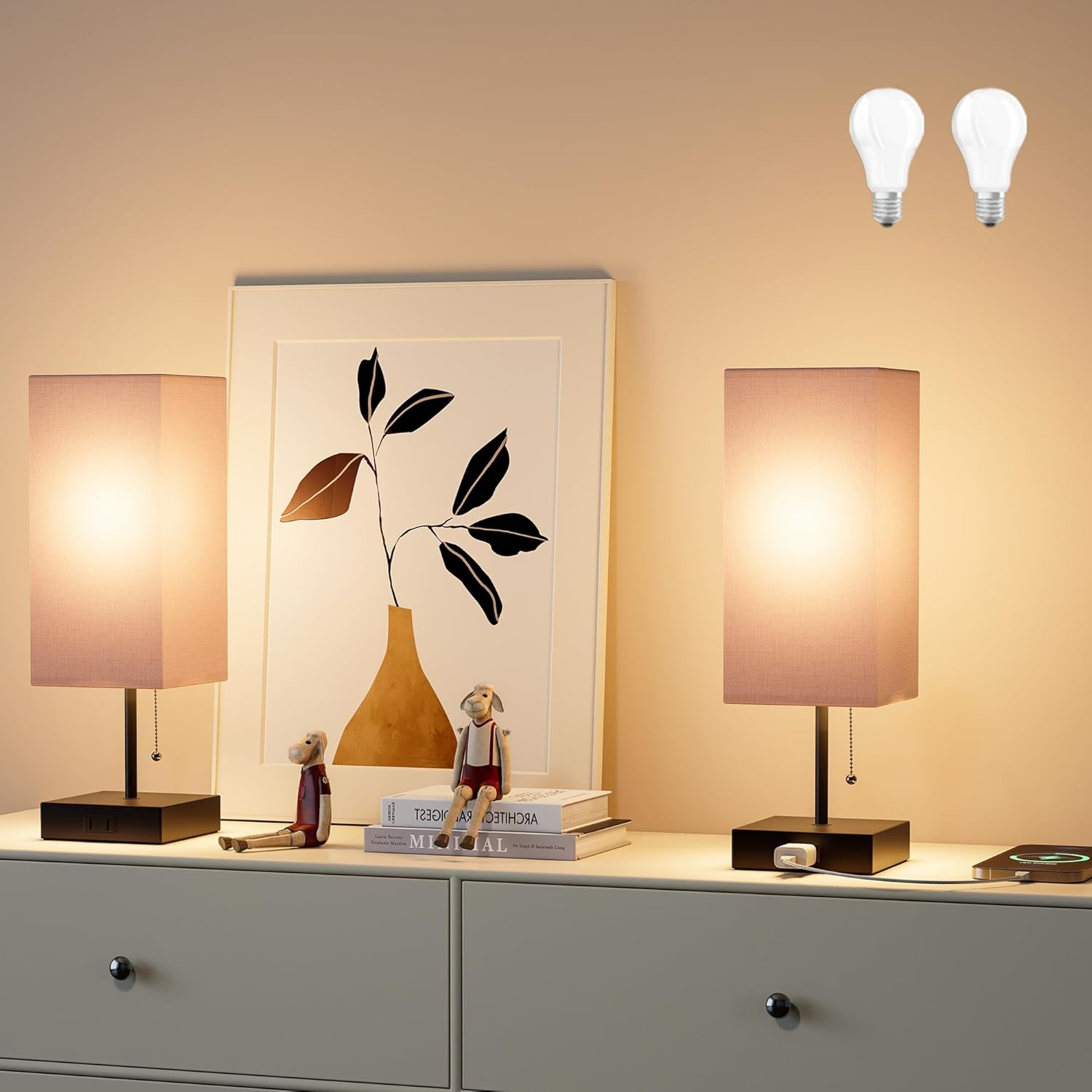 Table Lamp for Bedroom Set of 2,Nightstand Lamp for Bedside with AC Outlets,Adjustable 3color Light Desk Lamp for Home Decor,Included LED Bulb and Lamp Shade (Pink)