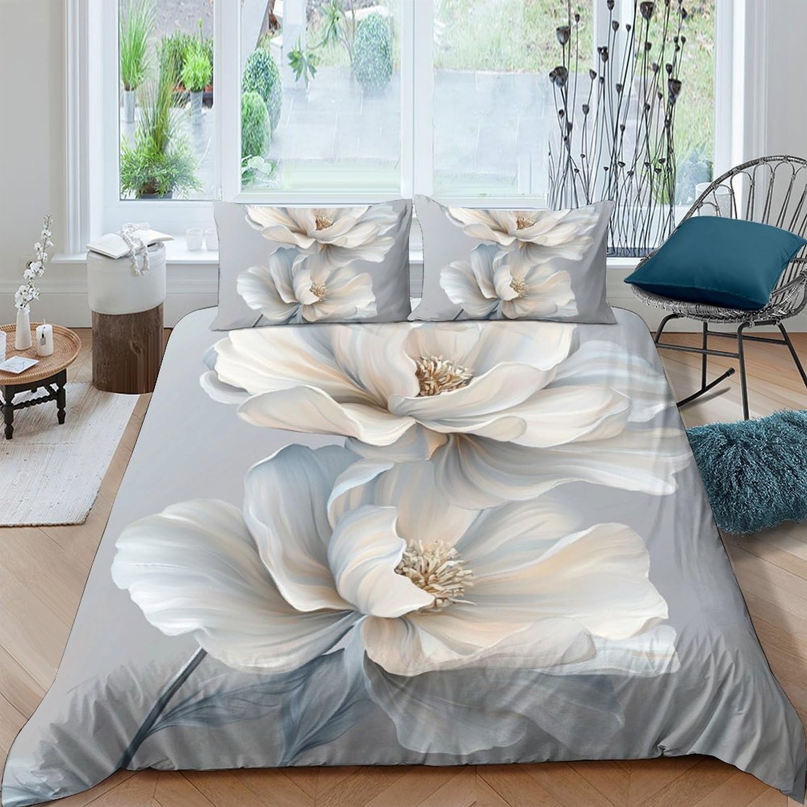 Ctjqhvkz Style-5 3D Printed White Magnolia Fitted Sheet Microfiber Soft Grey Bed Cover Floral Decor For Bedroom Guest Room Single（135X200cm）