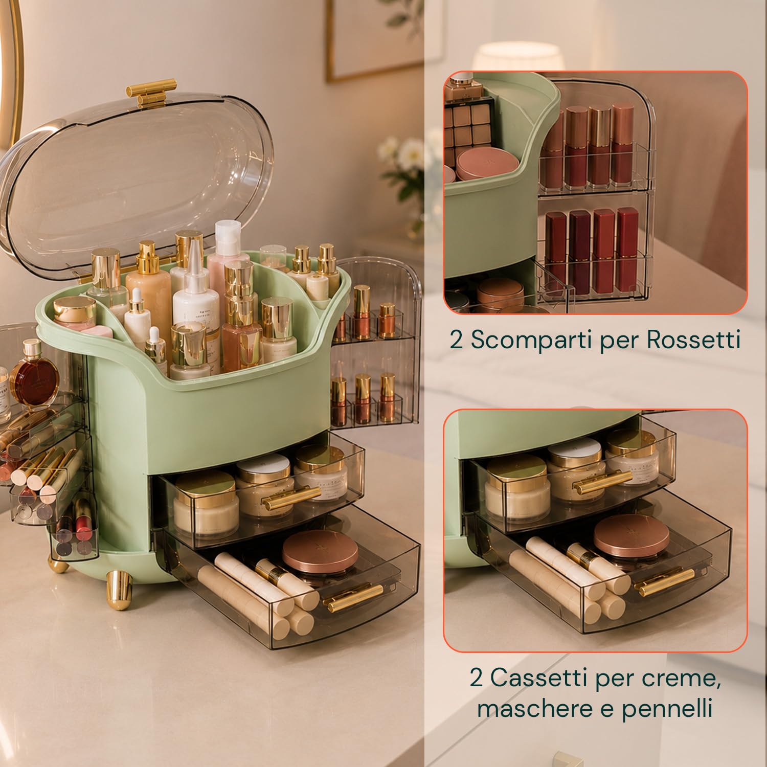 Wintem Porta Trucchi Rotante Trasparente Verde, Make Up Organizer con 2 Cassetti Girevoli a 90° e 2 Scomparti Laterali, Organizzatore Cosmetici Compatto da Toeletta