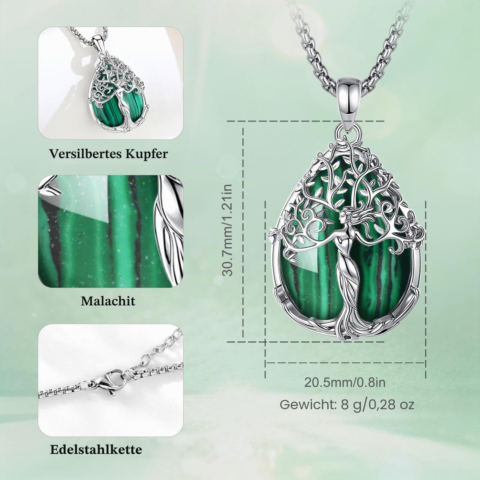 CELESTIA Lebensbaum Kette mit Mondstein Obsidian Amethyst Anhänger Versilbert, Geschenke für Frauen Geburtstag, Weihnachten, Muttertag Schmuck für Mama, Schwester, Oma