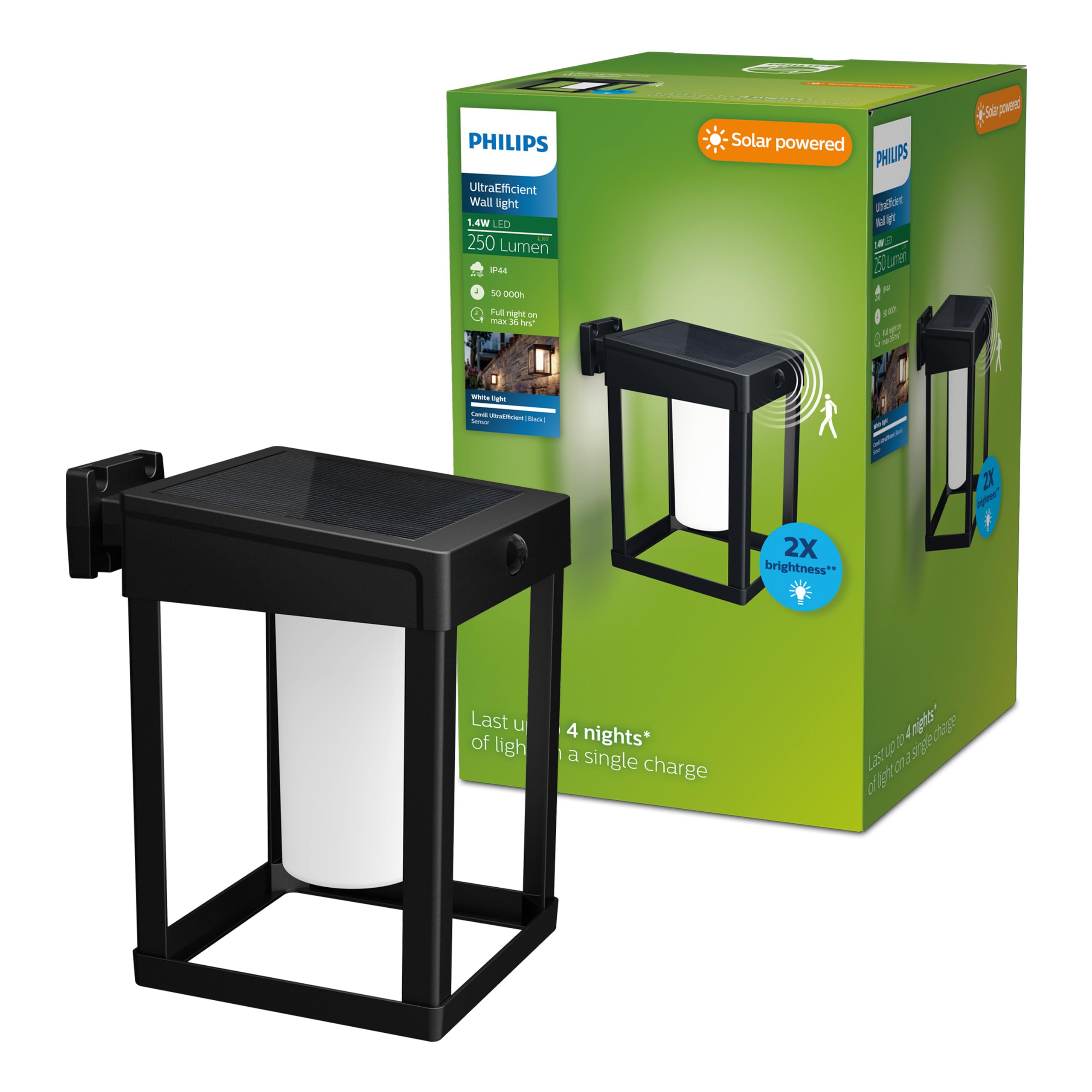 Philips Lighting Camill UltraEfficient Outdoor Solar wall Light, Square, 1.4W, 3000K, Black, Frosted, Motion Sensor, IP44 Weatherproof