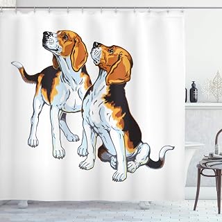 Ambesonne Beagle Shower Curtain, Colorful Graphic Illustrated 2 Scent Hound Animal Bred Sitting and Standing, Cloth Fabric Bathroom Decor Set with Hooks, 69" W x 70" L, White Dark Brown
