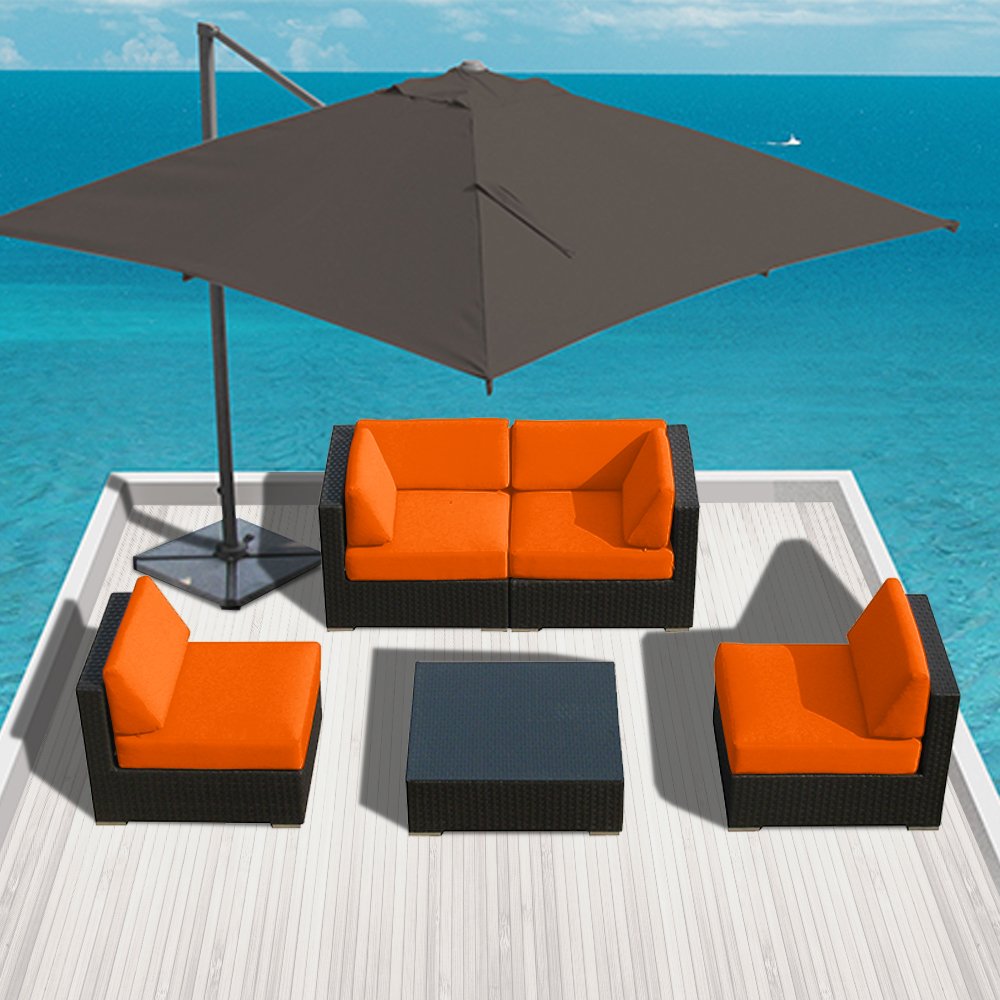 Amazon Com Luxxella Patio Bella Genuine Outdoor Wicker Furniture 5 Piece Contemporary Sectional Sofa Set Orange Outdoor And Patio Furniture Sets Garden Outdoor