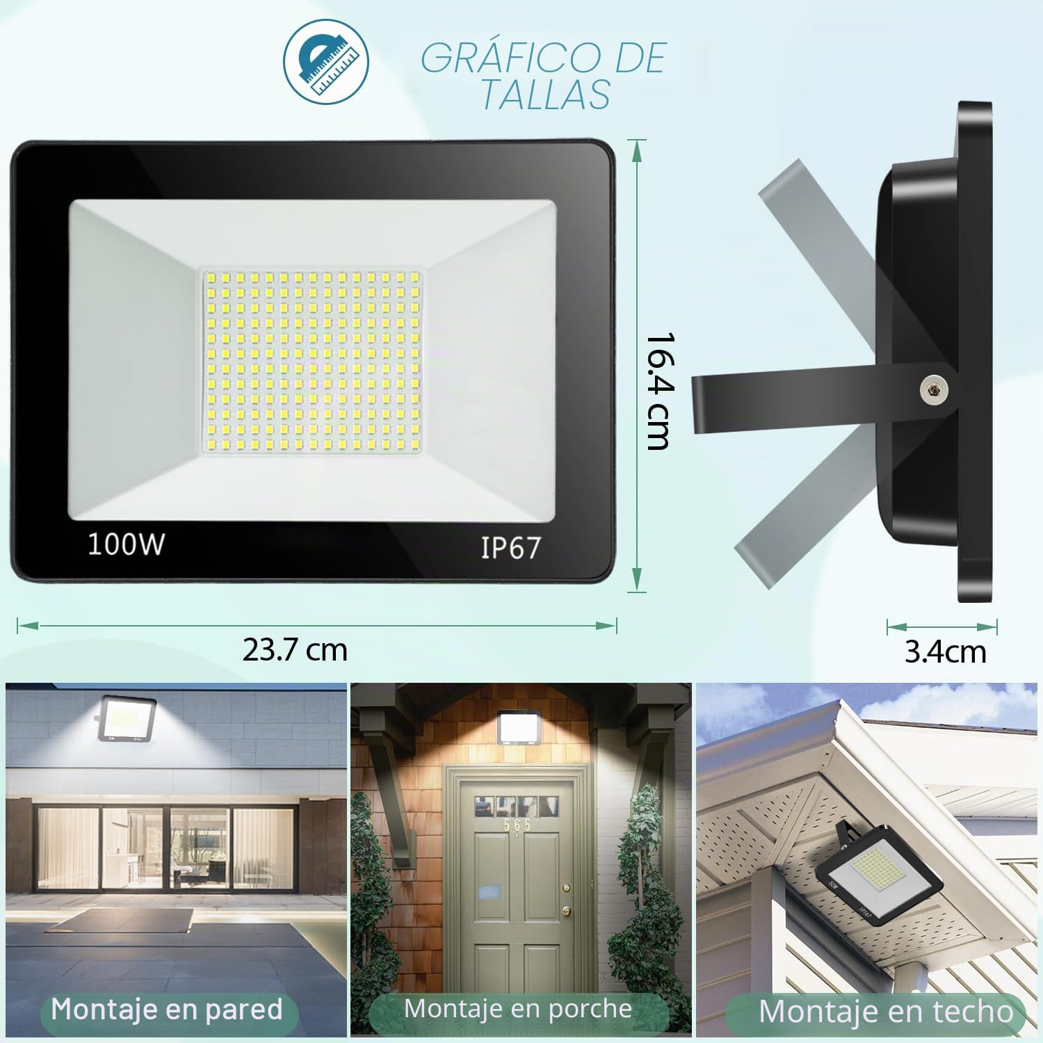 Focos LED Exterior 100W IP67 Impermeable Proyector Exterior 2 Pieza | 6500K Blanco Frío Luz de Seguridad, 10000LM Potente Luces LED Exterior para Terraza, Garaje, Taller, Jardín