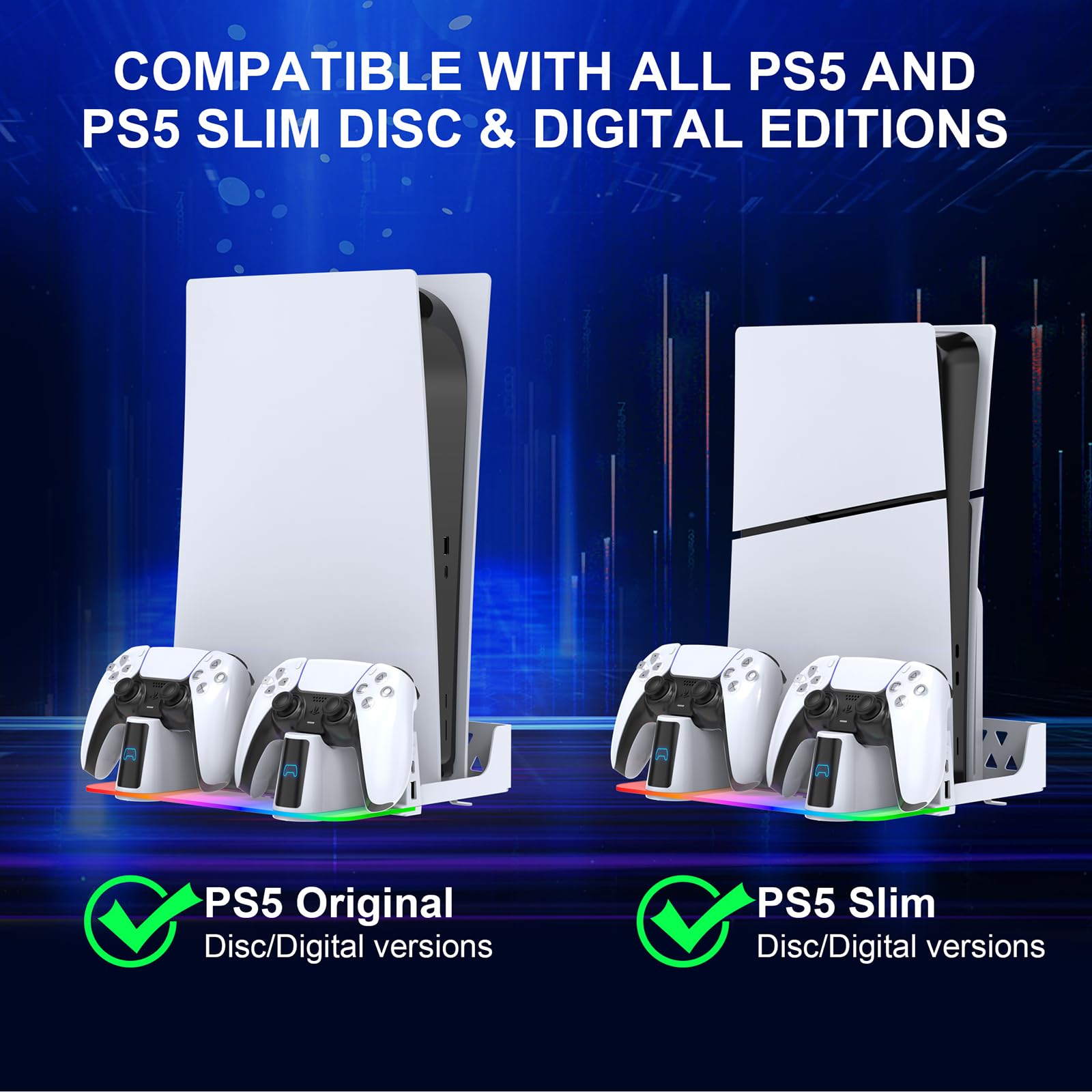 PS5/PS5 Slim/PS5 Pro Kit de Montaje en Pared con estación de Carga RGB LED para PS5 y PS5 Consolas Delgadas Disco y Digitales,Soporte de Pared de Acero,Colgador de Auriculares