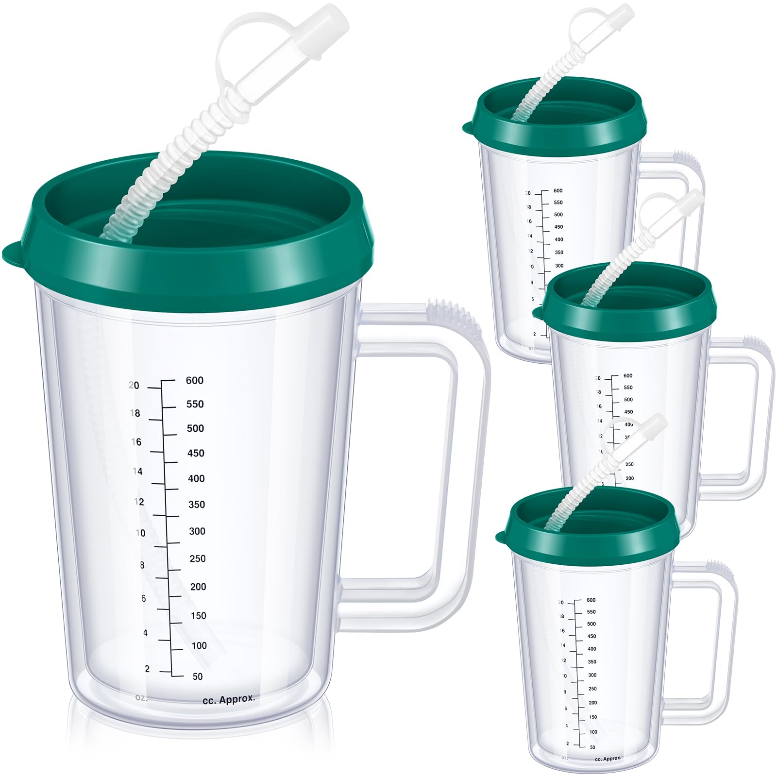 4 bicchieri per acqua da ospedale da 590 ml, con cannuccia e coperchio, isolati, a doppia parete, caraffa per ospedale con manico, in plastica, graduata, per anziani, con cannuccia (verde)