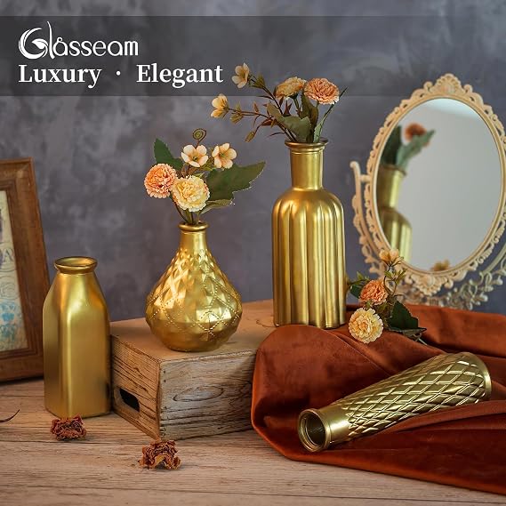 Glasseam Gold Vase for Flowers: Small Glass Vases for Living Room Kitchen Table Centerpieces, 4 Aesthetic Decorative Golden Modern Home Decor for Floral,Gold