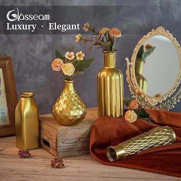 Glasseam Gold Vase for Flowers: Small Glass Vases for Living Room Kitchen Table Centerpieces, 4 Aesthetic Decorative Golden Modern Home Decor for Floral,Gold
