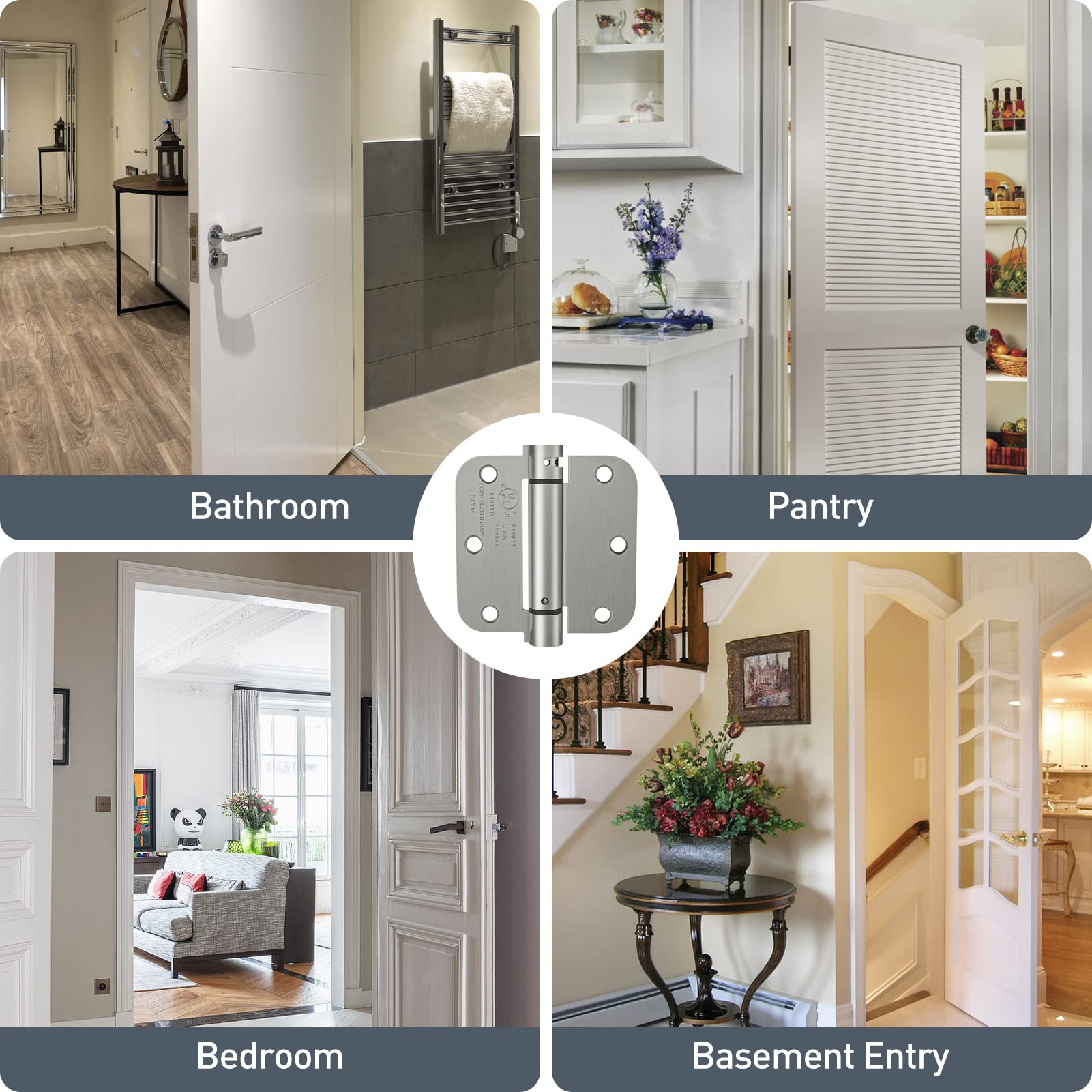 HOSOM Bisagra de puerta de cierre automático de 3.5 pulgadas, bisagra de resorte, tensión ajustable para puerta interior, certificación UL, para puerta izquierda y derecha, esquinas de radio de 5/8