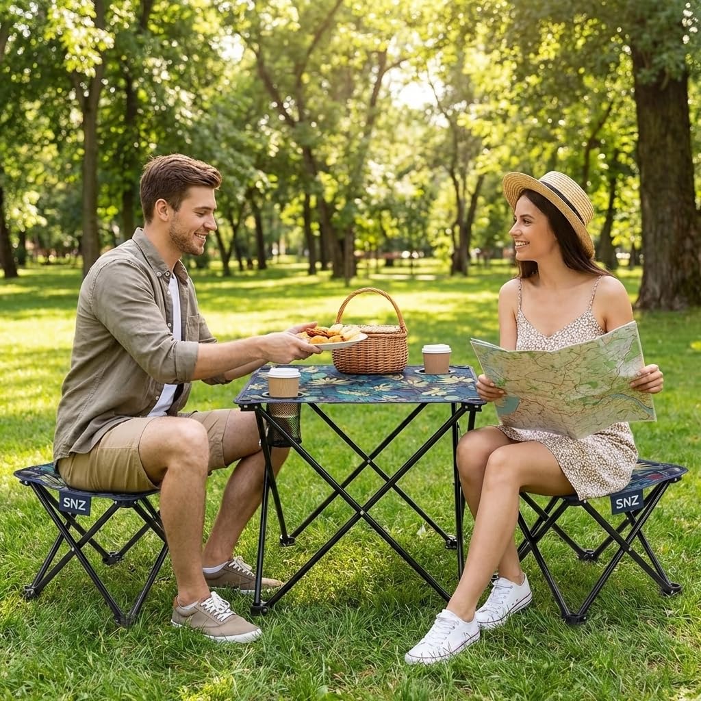 SNZ Campingtisch Klappbar mit 2 Klapphockern, Faltbarer Outdoor Tisch-Set aus Oxford-Nylon, Leicht Tragbar mit Getränkehalter für Camping Picknick Angeln Garten Festival, bis 120kg Belastbarkeit Garten