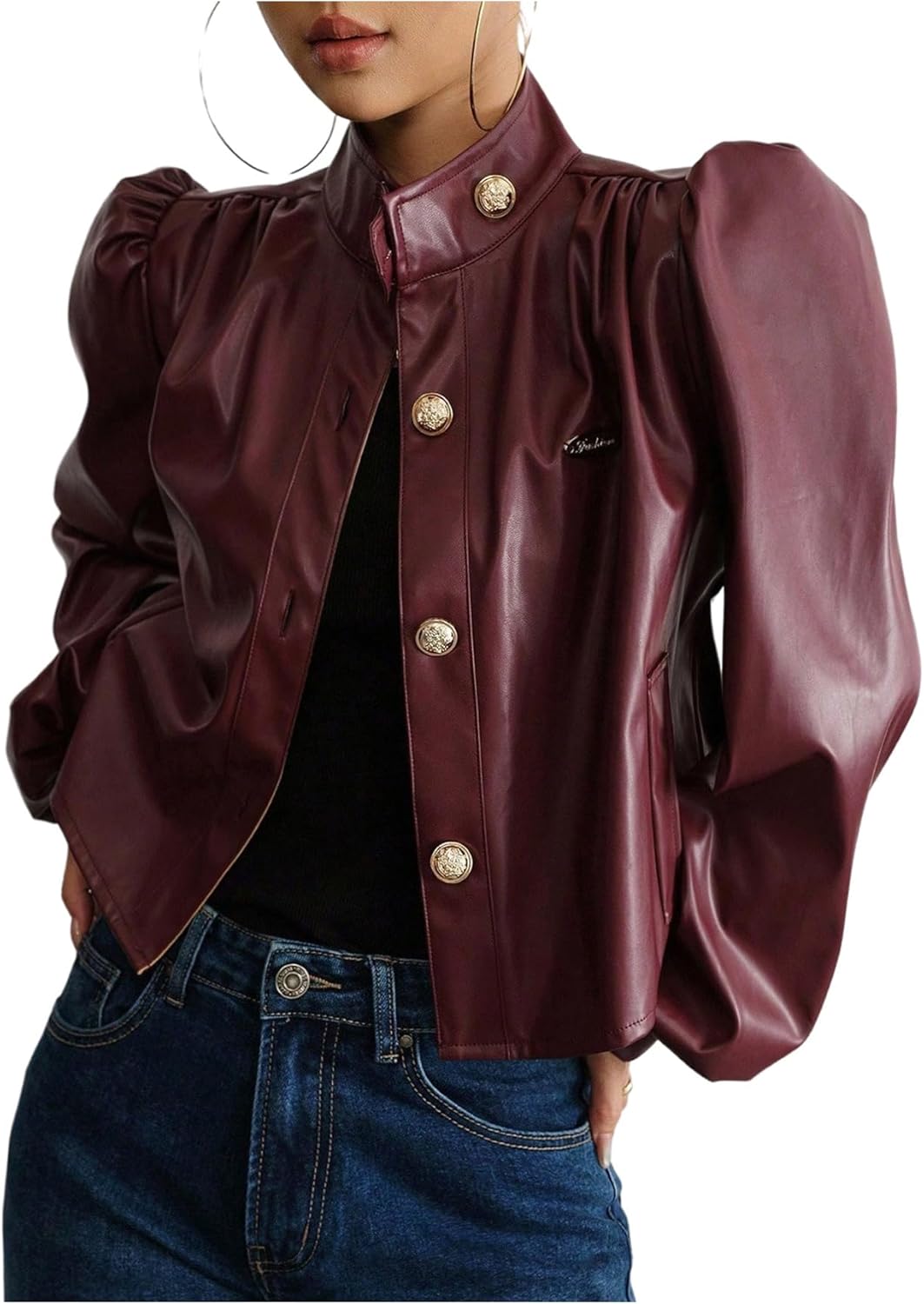 SweatyRocks Women's Faux Leather Jacket Puff Long Sleeve Button Down Cropped Jackets Lightweight Coat