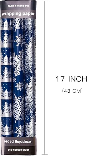 Vista 106 de LeZakaa Mini rollo de papel de regalo de Navidad azul, muñeco de nieve, reno, bola de cristal, árbol de copo de nieve, papel de regalo metálico