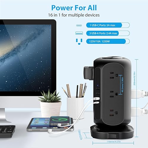 Miniatura 4 de Cable de extensión largo de 15 pies, protector de sobretensiones, 12 salidas de CA, 4 puertos USB (1 USB C), protección de sobrecarga de torre de