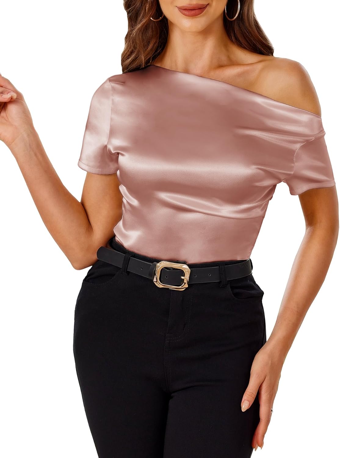 VIDUSSA Off Shoulder Tops for Women - Silk Satin Blouse Dressy Casual Short Sleeve Ruched Asymmetrical Summer Shirts