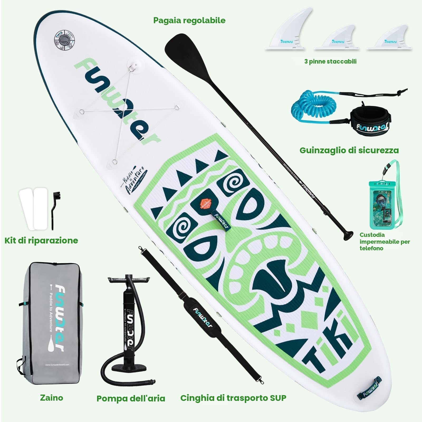 FunWater Tavola da Stand Up Paddle Gonfiabile Surfboard SUP Completo di Accessori, Pagaia Regolabile, Pompa, Zaino, Leash, Borsa Impermeabile, Tavola da Paddle per Adulti