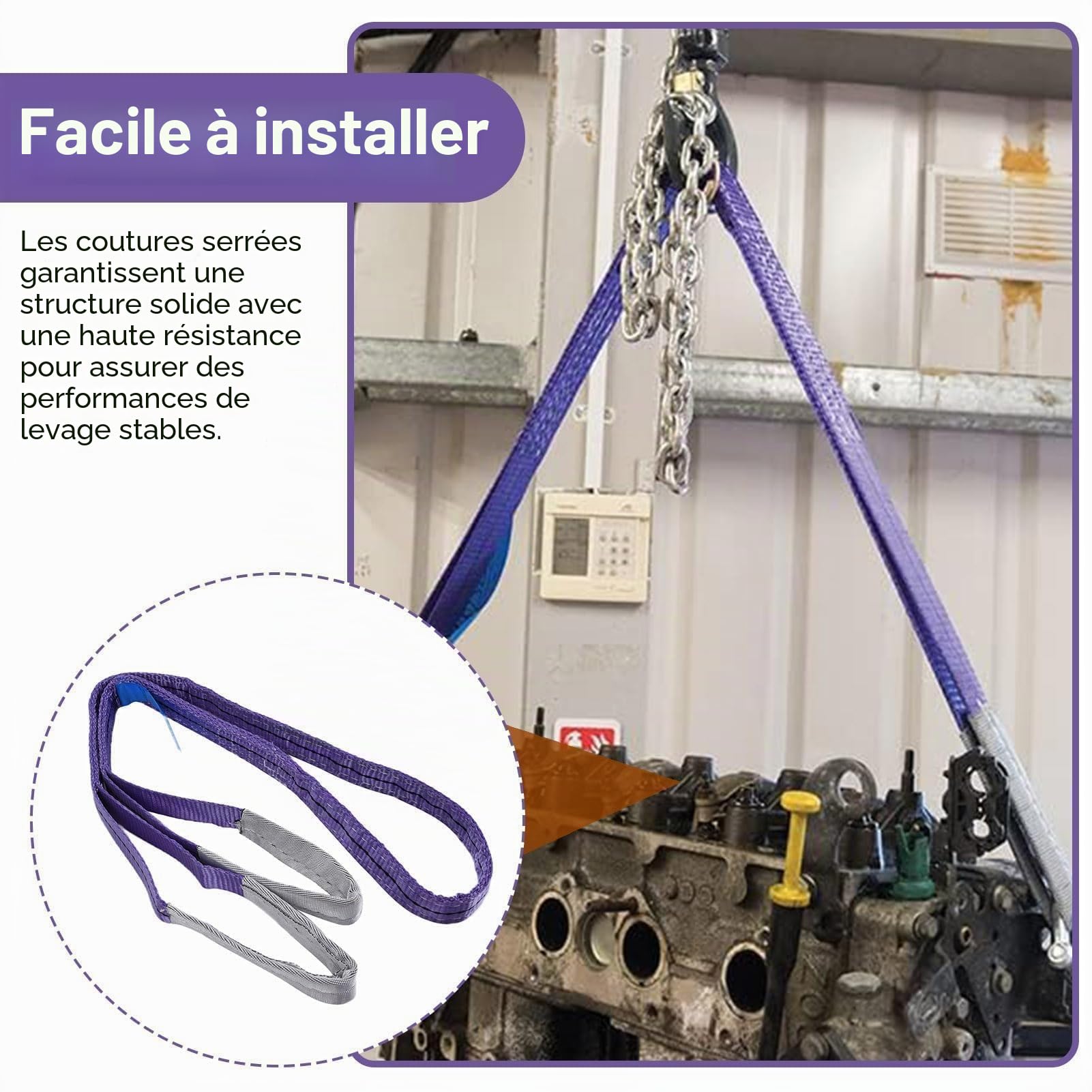 Élingue 1 tonne 2 m, Sangle de Levage avec Boucle Plate, Élingues Plates Tissées, Corde Anti-Abrasion et Anti-coupures en Polyester pour soulever des Objets Lourds