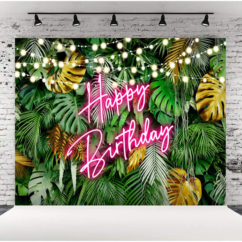 Lofaris Hawaiian Tropical Aloha Palm Leaves Happy Birthday Backdrop Pink Neon Birthday Jungle Green Leaves Background Adults Kids Portrait Photo