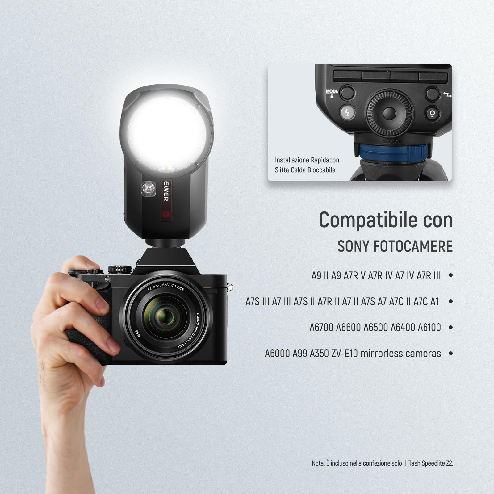 NEEWER Z2-S Flash Speedlite TTL a Testa Rotonda 2,4G 76W per Sony, UI Migliorata, 2 Luci Pilota Regolabili,Tasto TCM per Cambio Rapido TTL/M,HSS 1/8000s,Batteria 7,4V/2600mAh,480 Flash a Piena Potenza