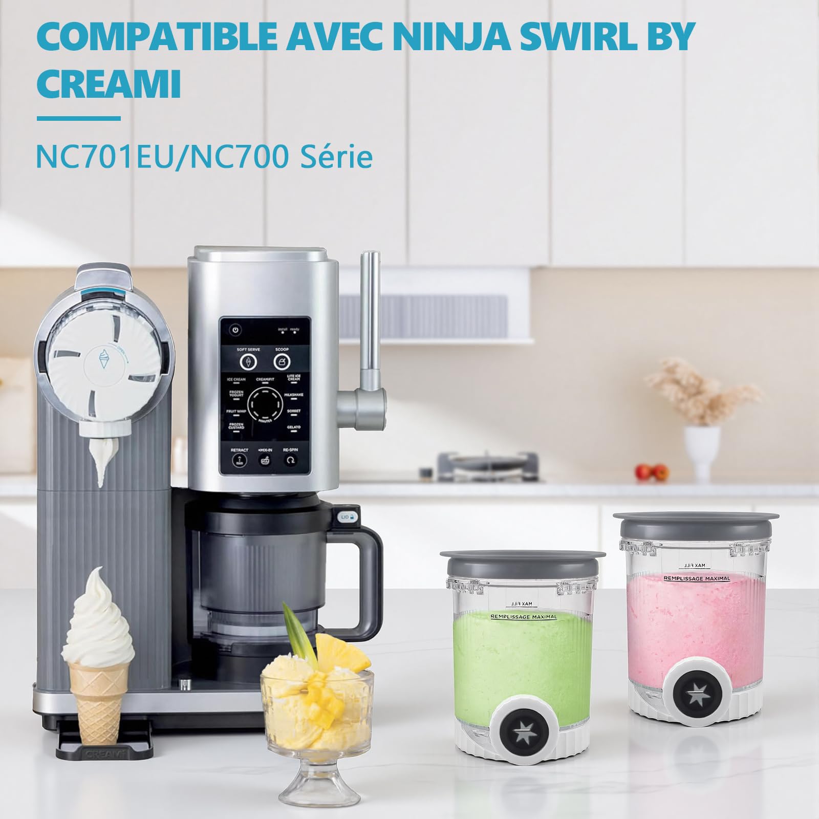 Nepfaivy Pot pour Ninja Swirl by Creami - 2 Pièces Récipient pour Ninja Creami NC701EU NC700, Bacs à Crème Glacée avec Couvercles Étanches, Sans BPA, Lave-Vaisselle, Machine à Glace Accessoires
