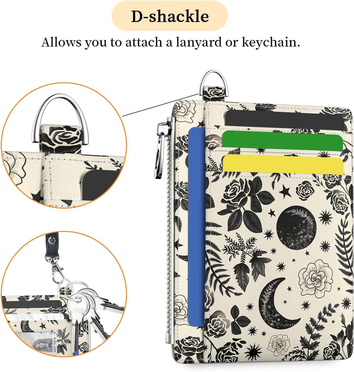 Goth Moon Floral Slim Wallet Women Credit Card Holder Gothic Flower RFID Blocking Small Cute Card Wallets Mini Front Pocket PU Leather Thin Travel Zipper Coin Cash Ladies Female Wallet Gifts - Image 6