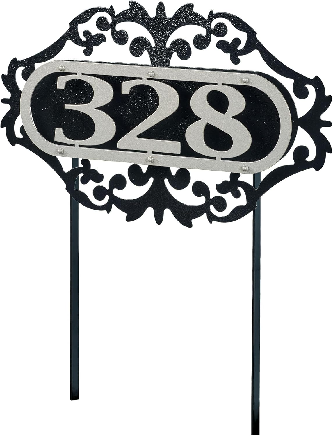 LaRoyal House Number Staked Metal Yard Sign with Scrollwork | Custom Address Sign for Outdoor | 1, 2, or 3 House Numbers | Gold and Bronze Durable Finish