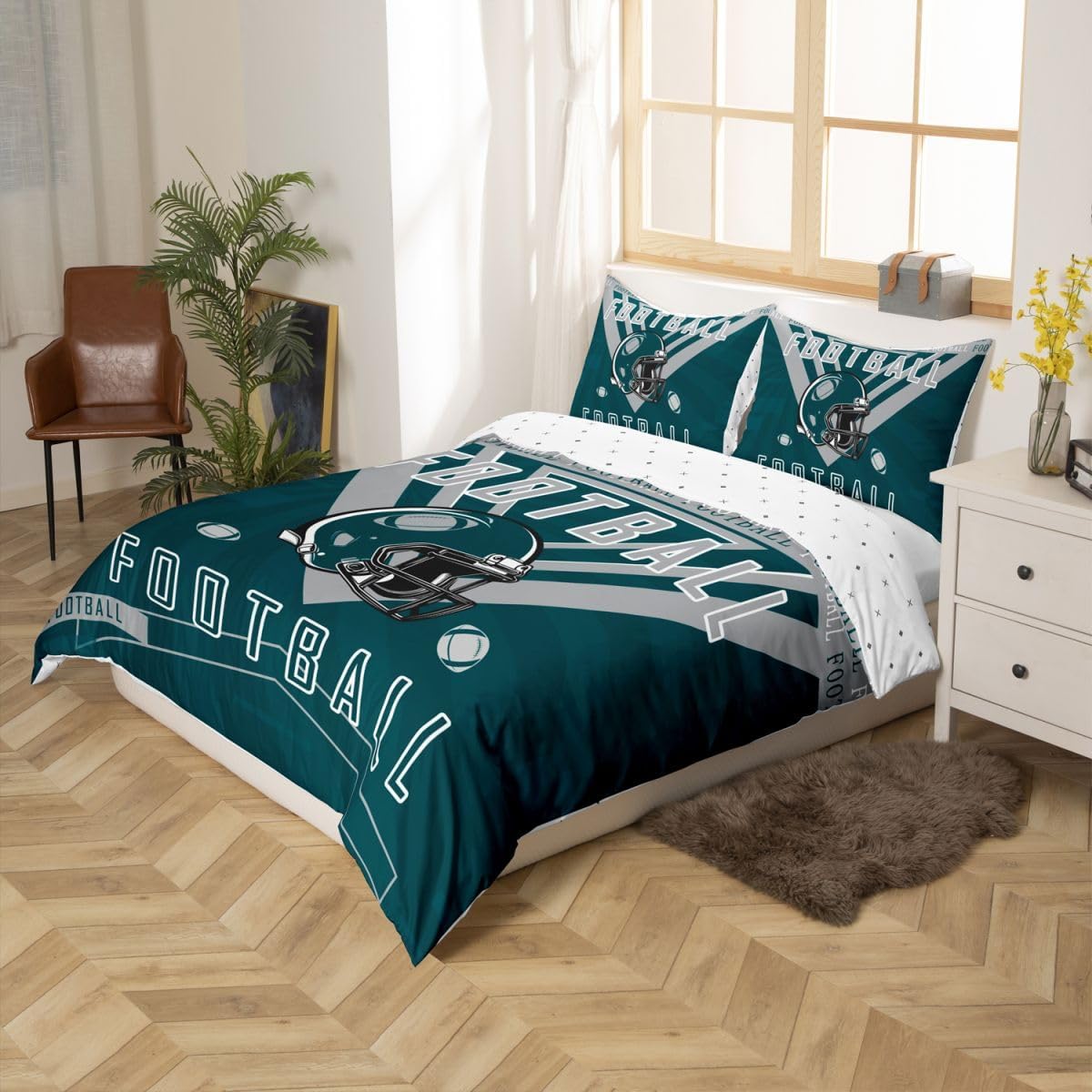 Feelyou Football Duvet Cover Boys Girls Full Size Rugby Sports Bedding Set Women Men Football City Comforter Cover Sports Theme Bedclothes Gray Green