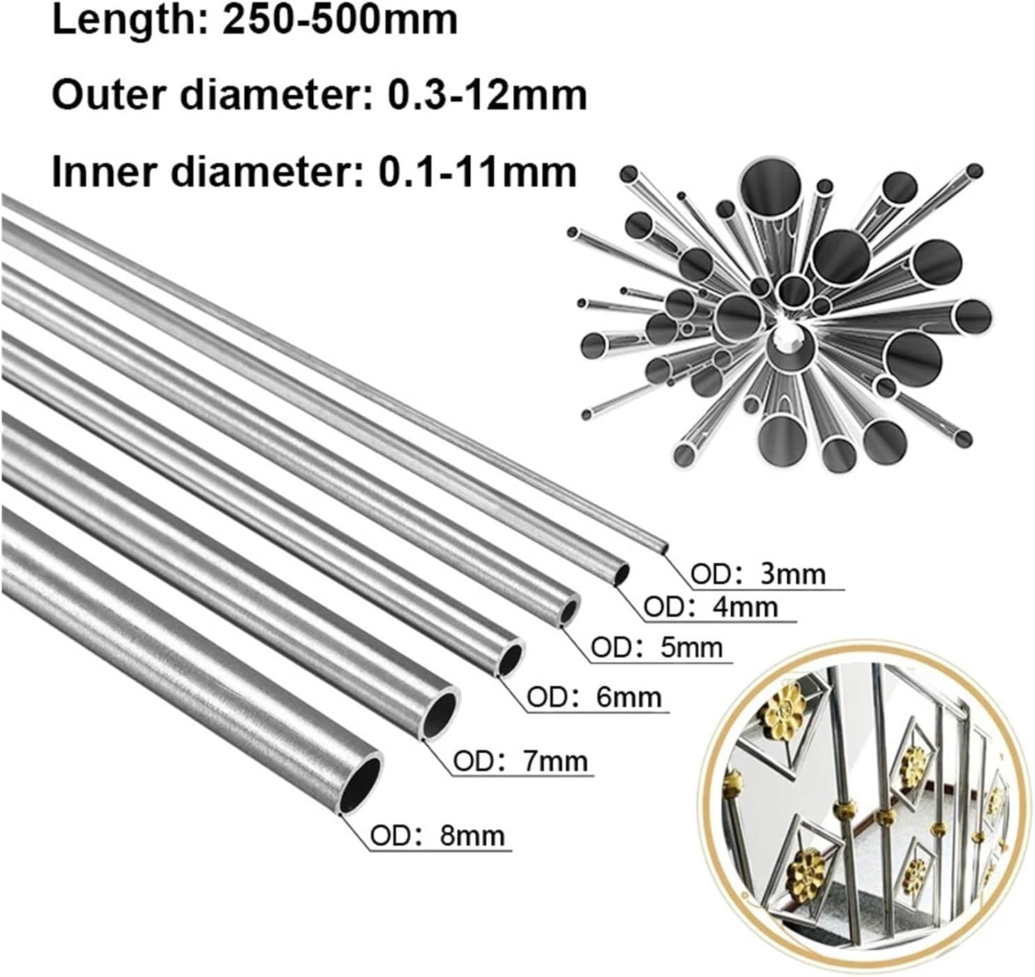 304 Stainless Steel Seamless Straight Round Capillary Tube, 0.3-12mm OD, 250-500mm Length(8x6x250mm 2pcs)