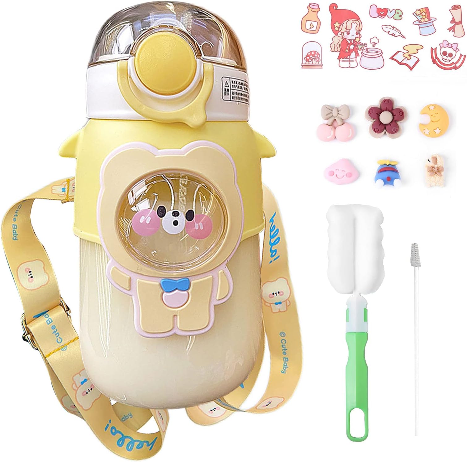 TIAASTAP Kawaii Bear Water Bottle - Cute 3D Sticker Aesthetic Kids' Bottle with Straw, Strap for School, Travel, Home (Yellow)