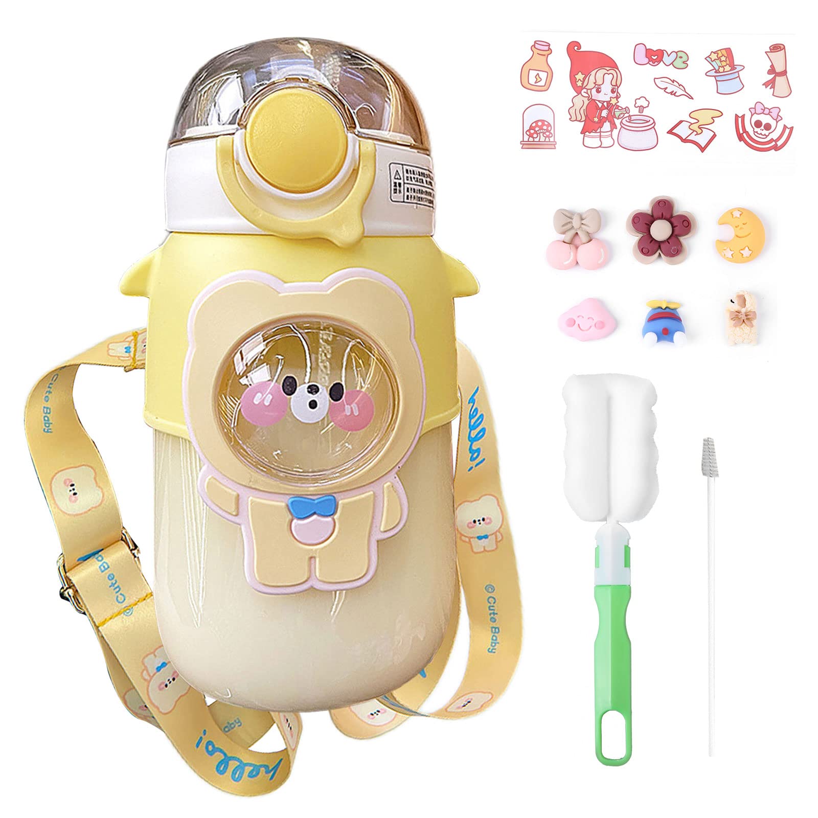 TIAASTAP Kawaii Bear Water Bottle - Cute 3D Sticker Aesthetic Kids' Bottle with Straw, Strap for School, Travel, Home (Yellow)
