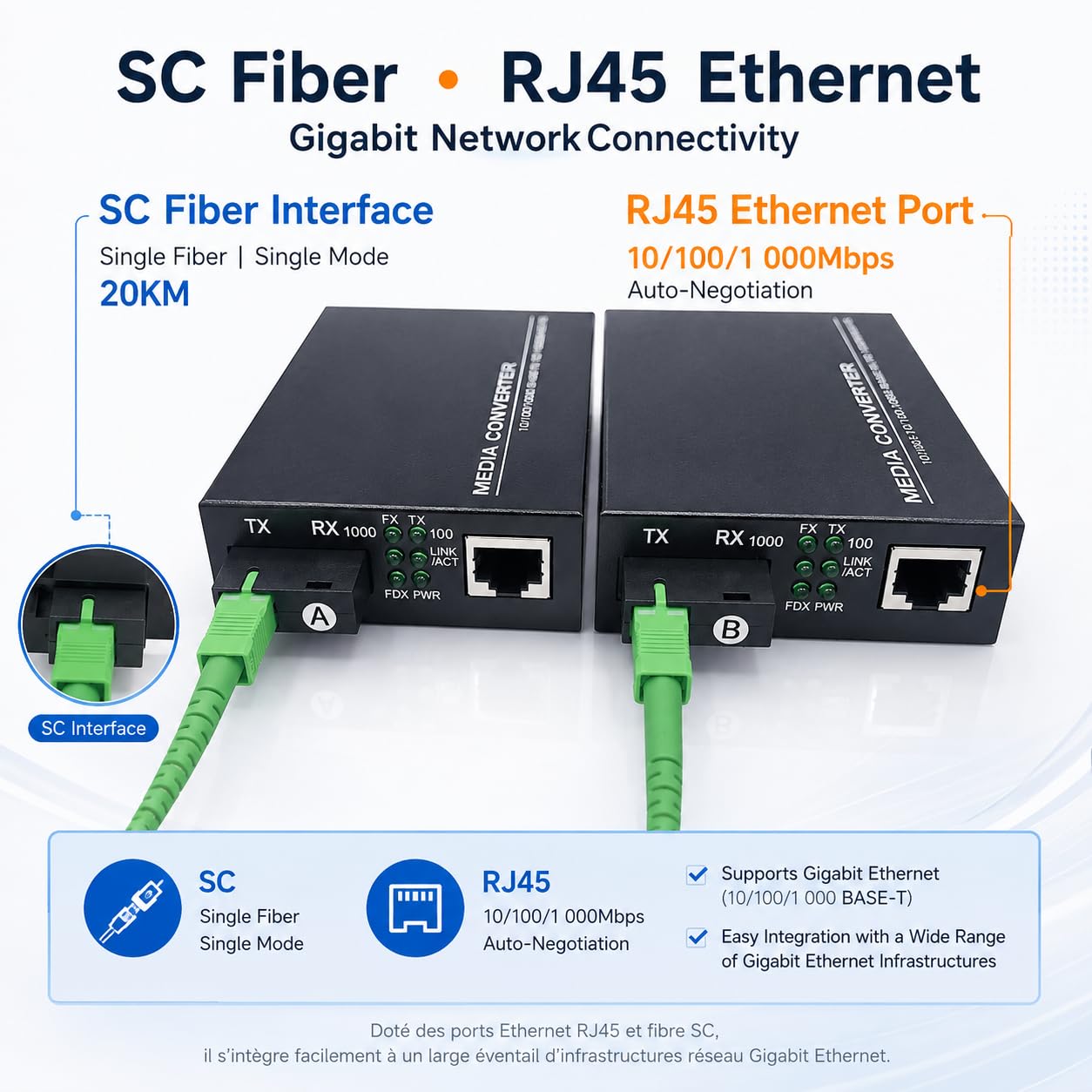 Elfcam 2 Pack Convertitori Ethernet a Fibra 10/100/1000M SC Monomodale 20KM