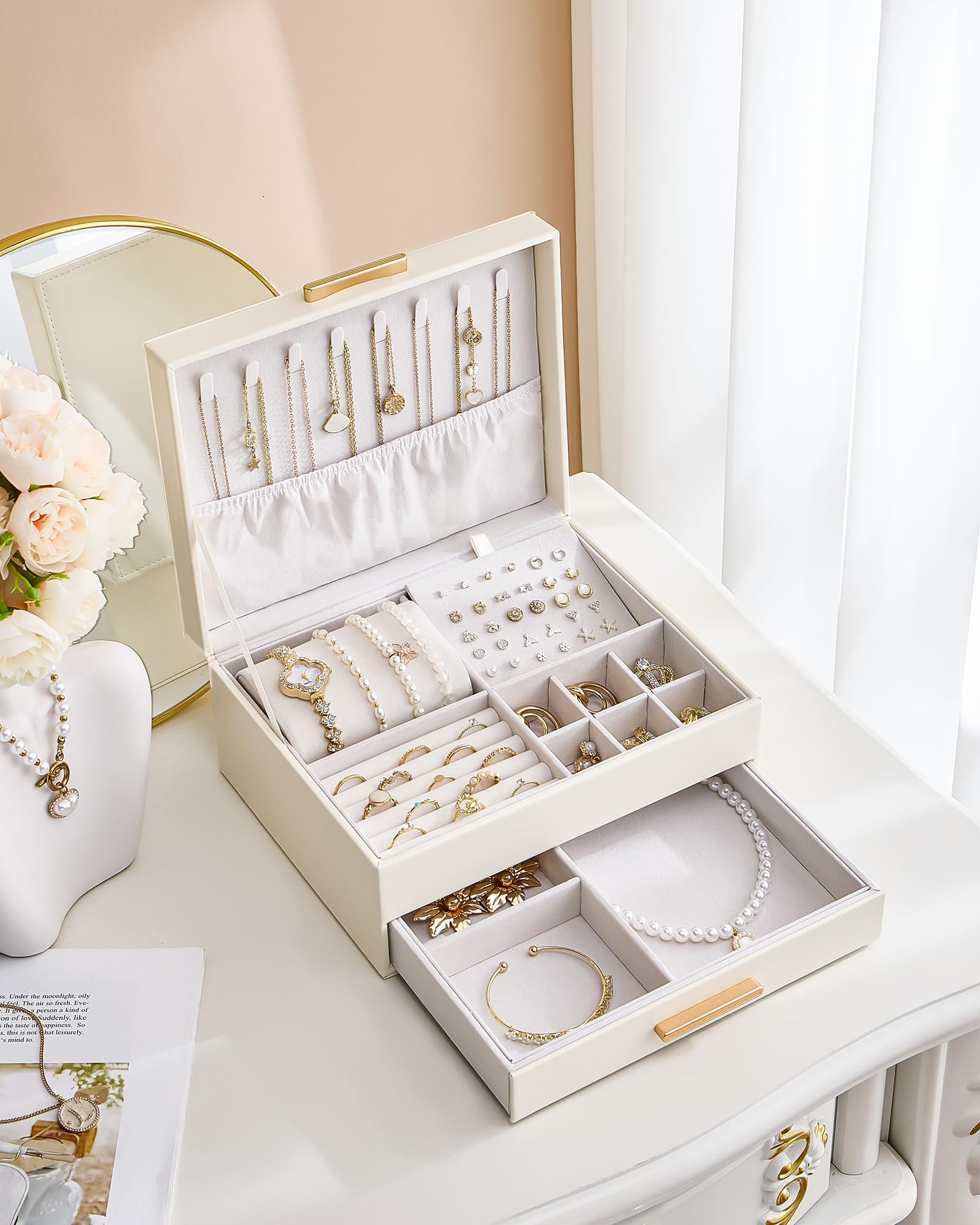 Lolalet Caja para Joyas de Doble Capa, Estuche Joyero Organizador para Joyería Collares Anillos Aretes Pulseras Relojes Regalo Ideal para Mujer -Blanco