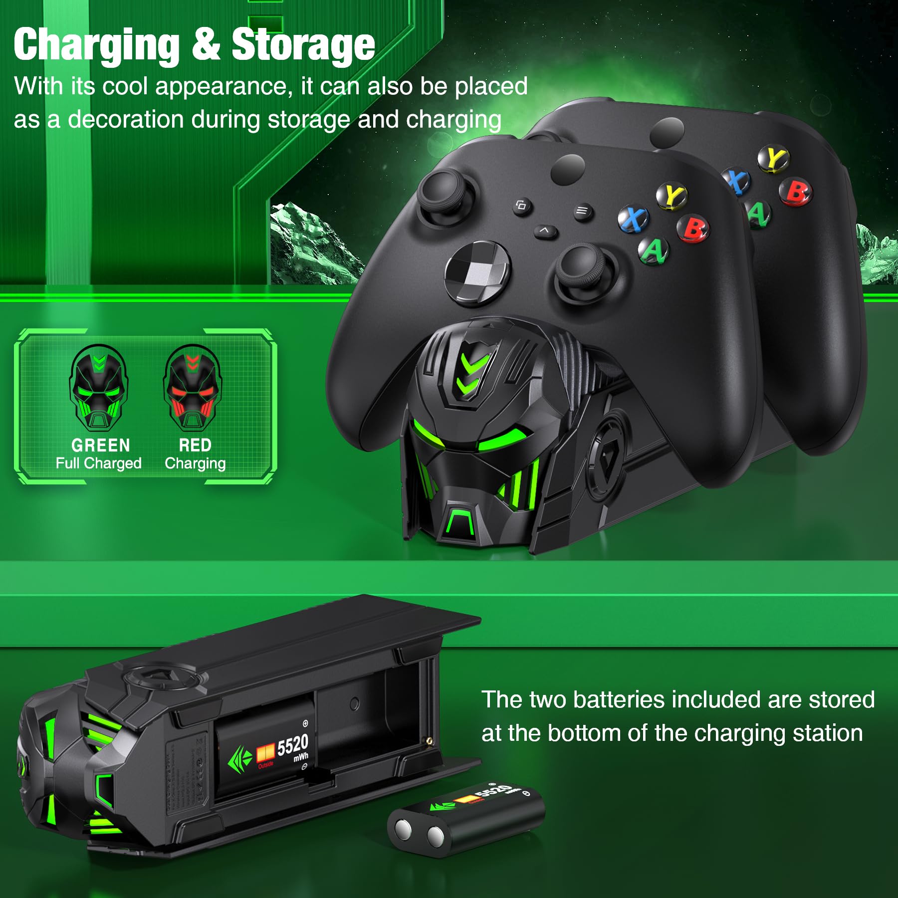Stazione di ricarica per controller ricaricabile con 2 batterie da 5520 mWh compatibile con Xbox Series X/S/Xbox One/One X/One S Elite, kit di archiviazione accessori controller con 4