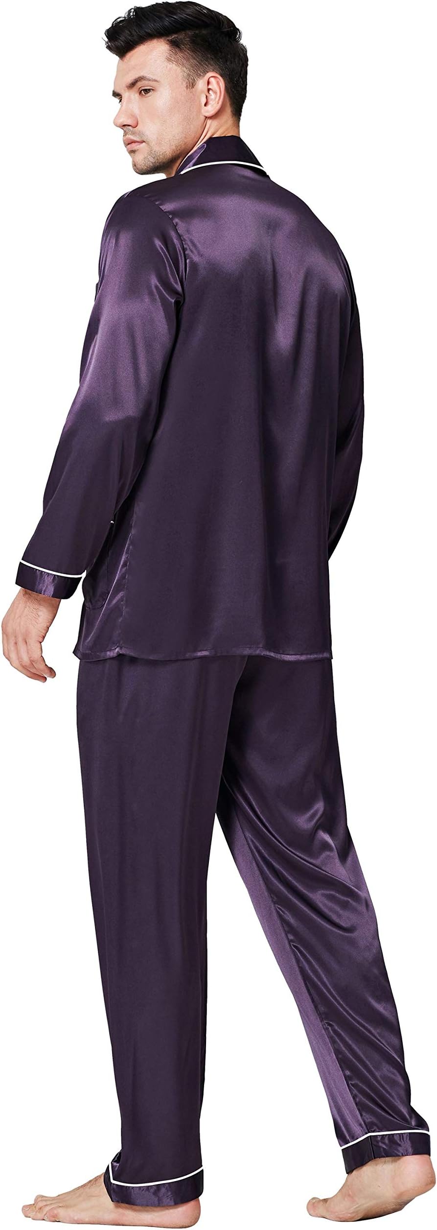 Lonxu Pajamas Set Mens Silk Satin Pajamas Long Sleeve Loungewear Two-Piece Sleepwear Button-Down Pj Set S-XXXXL