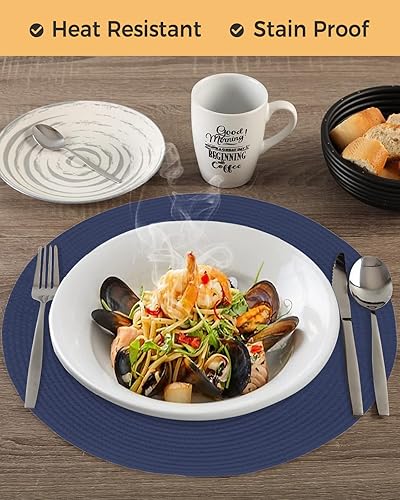 Miniatura 6 de Juego de 2 manteles individuales redondos de color azul sólido, lavables, tejidos, color azul oscuro, trenzados, resistentes al calor, para cocina,