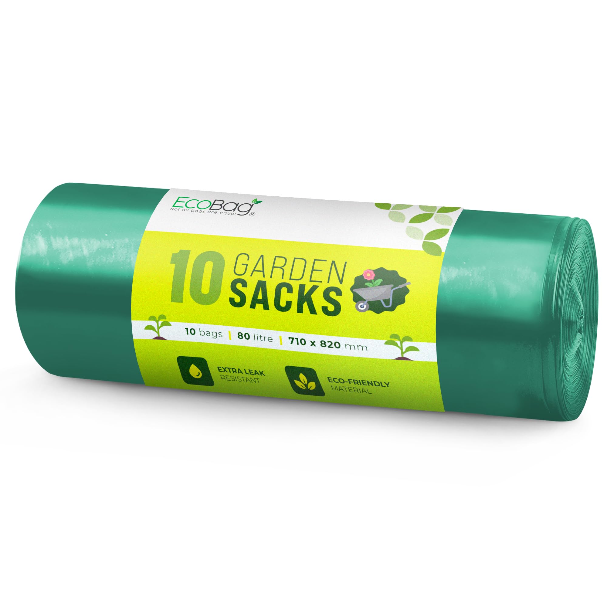 EcoBag - 10 Pack Extra Strong Heavy Duty Garden Sacks - 80L - 30 Microns - Recyclable, Leak Resistant & Eco-Friendly, Durable Garden Waste Disposal Bags for Household & Commercial Use (700x860mm)