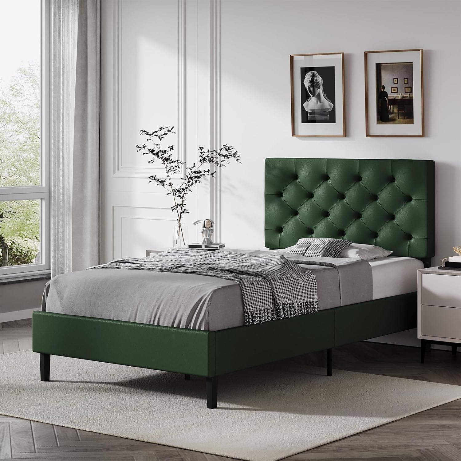 Twin Bed Frame with Headboard, Faux Leather Upholstered Platform Bed Frame, Green Bed Frame Twin Size, Wooden Slat Support, No Box Spring Needed, Green