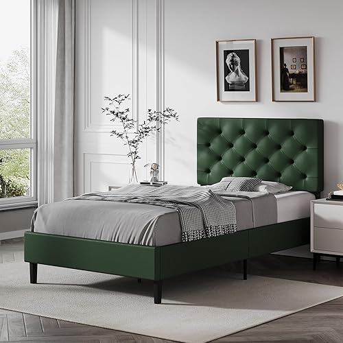Miniatura 8 de Marco de cama individual con cabecero, marco de cama de plataforma tapizado en cuero sintético, marco de cama verde tamaño individual, soporte