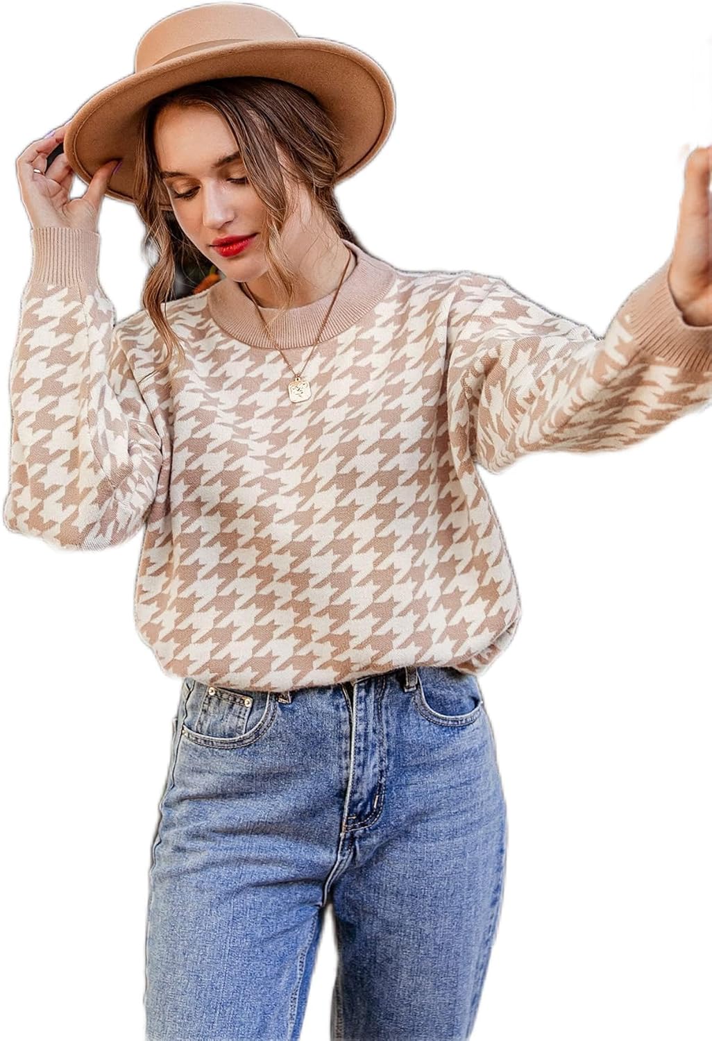 BEDAW Women's Sweater Drop Shoulder Houndstooth Pattern Sweater Sweater for Women (Color : Apricot, Size : Large)