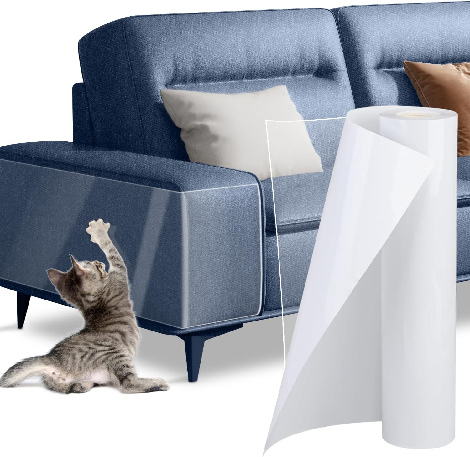 Cat Scratch Furniture Protector – Couch Protector from Cat Claws, Plastic Cover Adhesive Clear Flexible Sofa Guard, Single Side Sticky Deterrent Training Tape – Easy to Apply, 11.8 in × 196.8 in