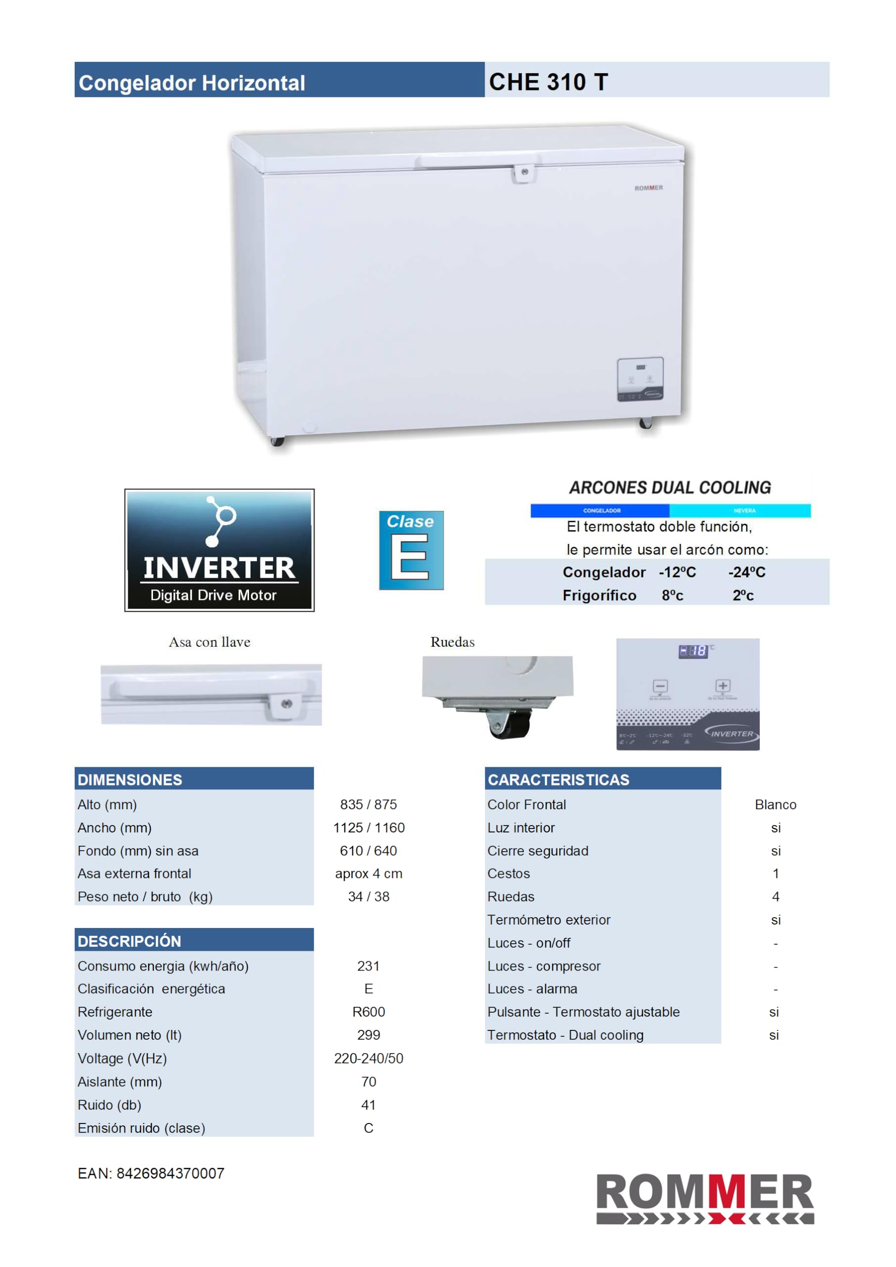 Congelador horizontal Rommer CHE 310 T, capacidad 299 litros, eficiencia energética clase E, color blanco
