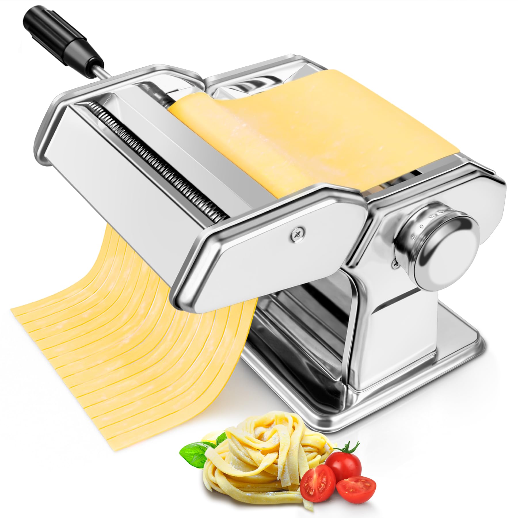 Pasta Maker Machine - Stainless Steel Manual Pasta Roller & Cutter with 7 Thickness Settings for Homemade Spaghetti, Fettuccine, Ravioli - Includes Detachable Heads, Crank Handle & Table Clamp