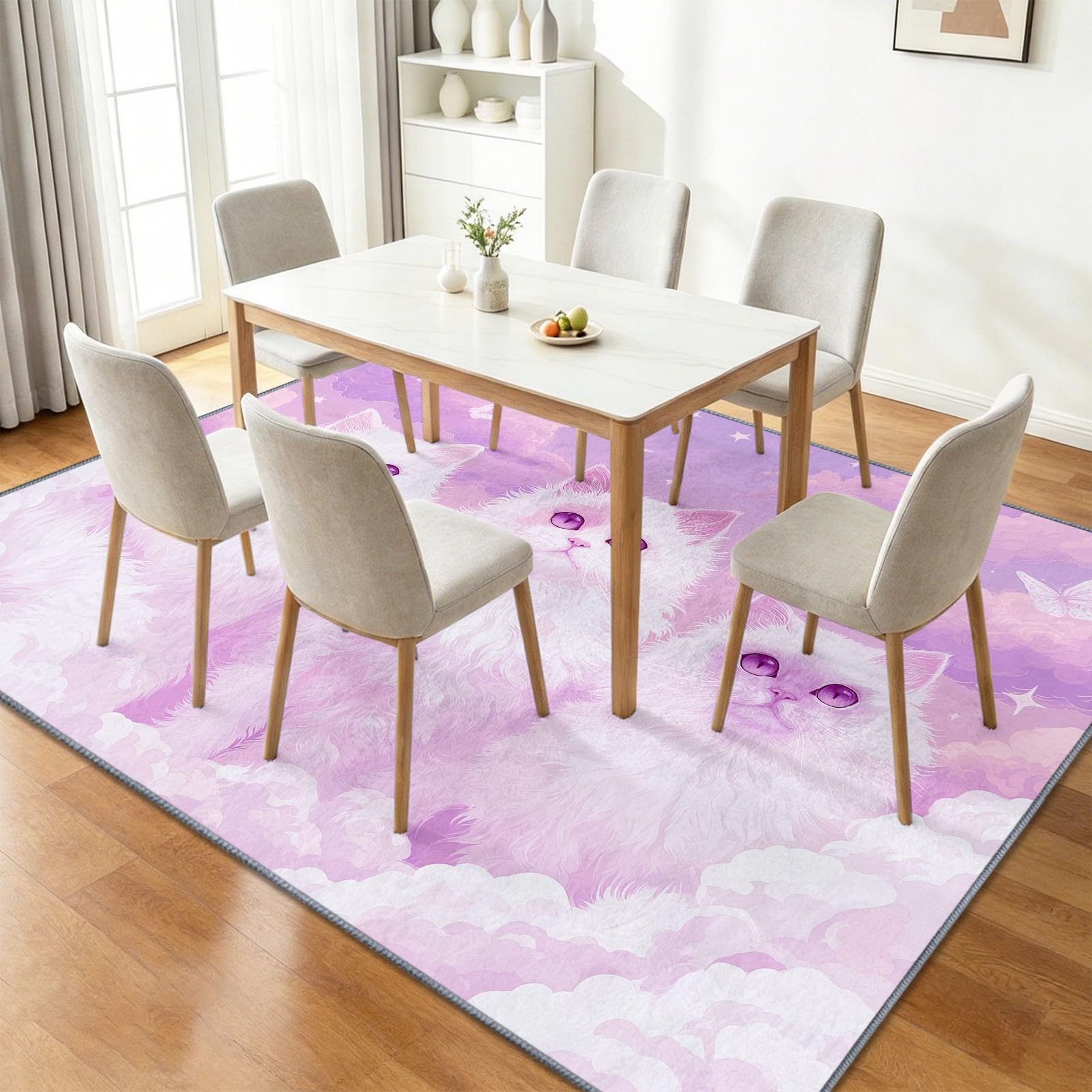 Tappeto antiscivolo a pelo corto per soggiorno, camera da letto, cameretta dei bambini, 180 x 240 cm, lavabile, morbido, motivo gatto viola, nuvola e farfalle