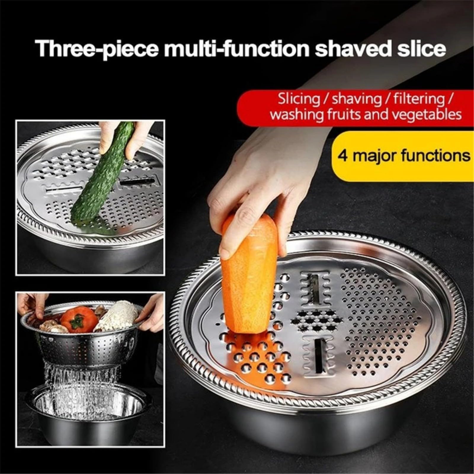 Germany Multifunktionales Edelstahl Waschbecken Set, 3 in 1 Küchensieb mit Reibe und Ablaufkorb, zum Waschen von Gemüse und Obst